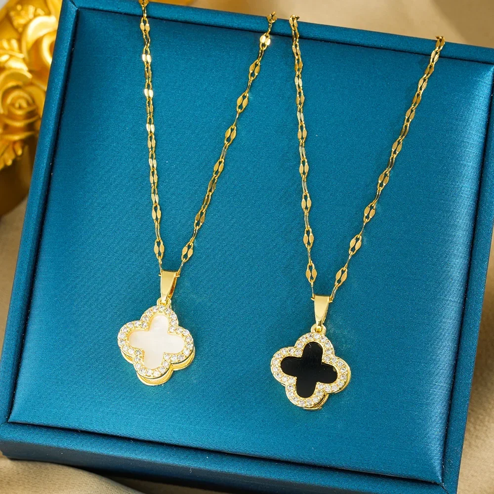 Ожерелье из титановой стали 2025newA с женским выдолбленным дизайном и слегка комплект с черно-белыми четырехлистными цветами