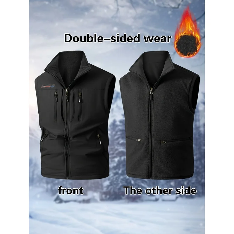 Men's Reversible Zippered Multi-Pocket Casual Vest Polar Fleece Lined Vest Summer Working Biker Patches Motorcycle Winter Coat