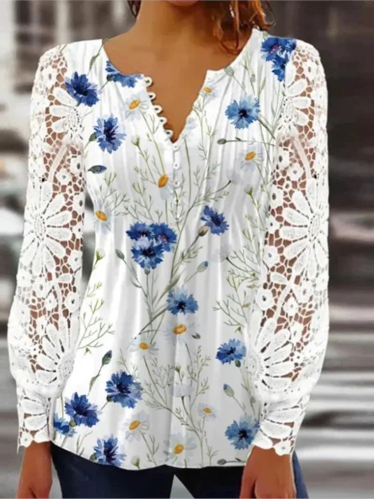 

Spring Autumn Fashion Women's Clothing Sexy Lace Hollow Lace Sleeve Crimson Solid Color Button Long Sleeve T-shirt Base Shirt
