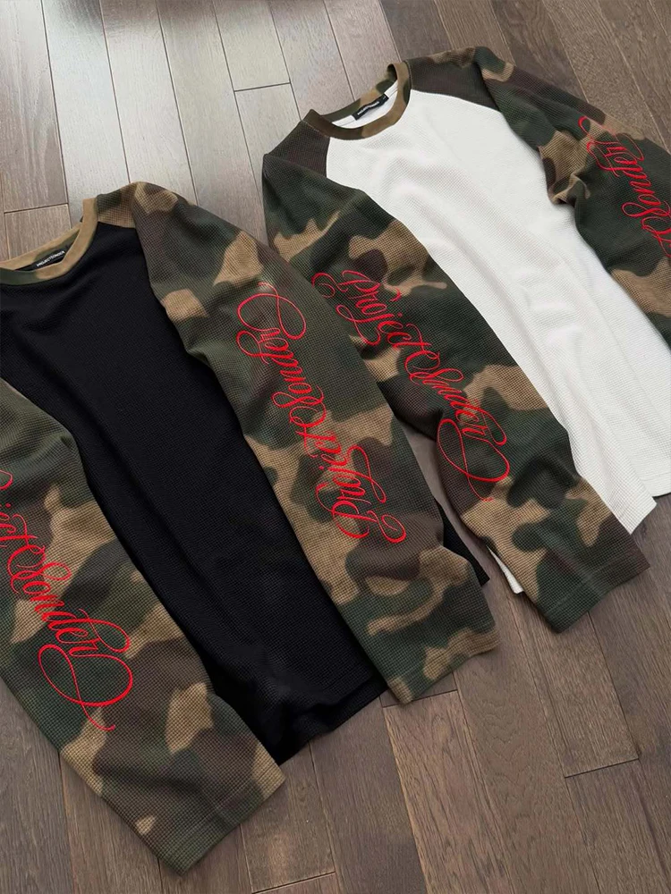 American Street Retro Ins Style Camouflage Color Matching Unisex Round Neck Long Sleeve T-Shirt 2026 Spring and Autumn New.
