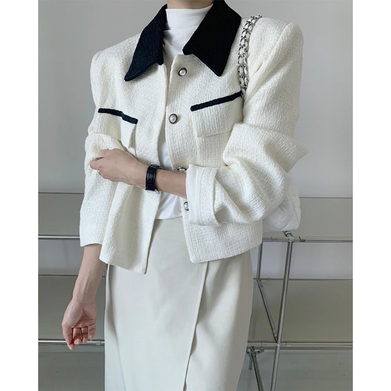 

MEXZT винтажная белая твидовая куртка женская элегантная укороченная лоскутная черная куртка зимняя женская корейская короткая верхняя одежда с длинными рукавами