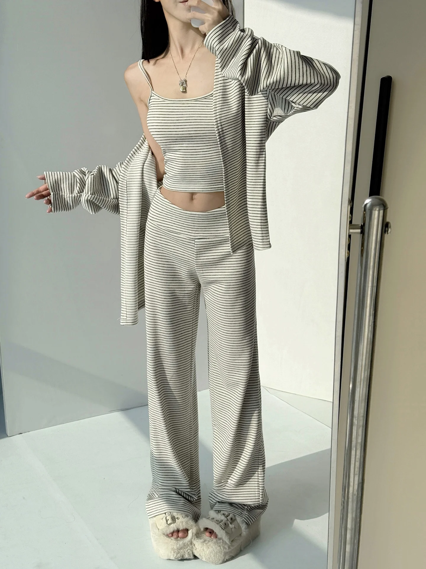 

Women's Faion ort Svel Vest Top Long Sve Knitted Outerwear Set High Waist Wide Leg Pants Ensemble Cotton Village