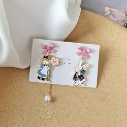 Japanese Sweet Cartoon Rabbit Bow Clip on Earrings Cute Asymmetric Alice In Wonderland Clip on Earrings No Piercing for Women