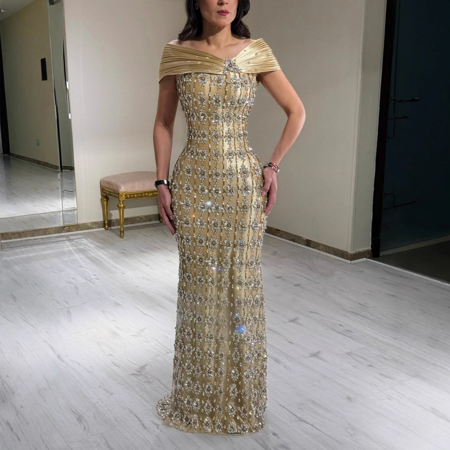 فستان سهرة من Serene Hill LA73362 فساتين حورية البحر الفاخرة باللون الذهبي العربي مكشكشة للنساء مطرز للحفلات 2026 حسب الطلب