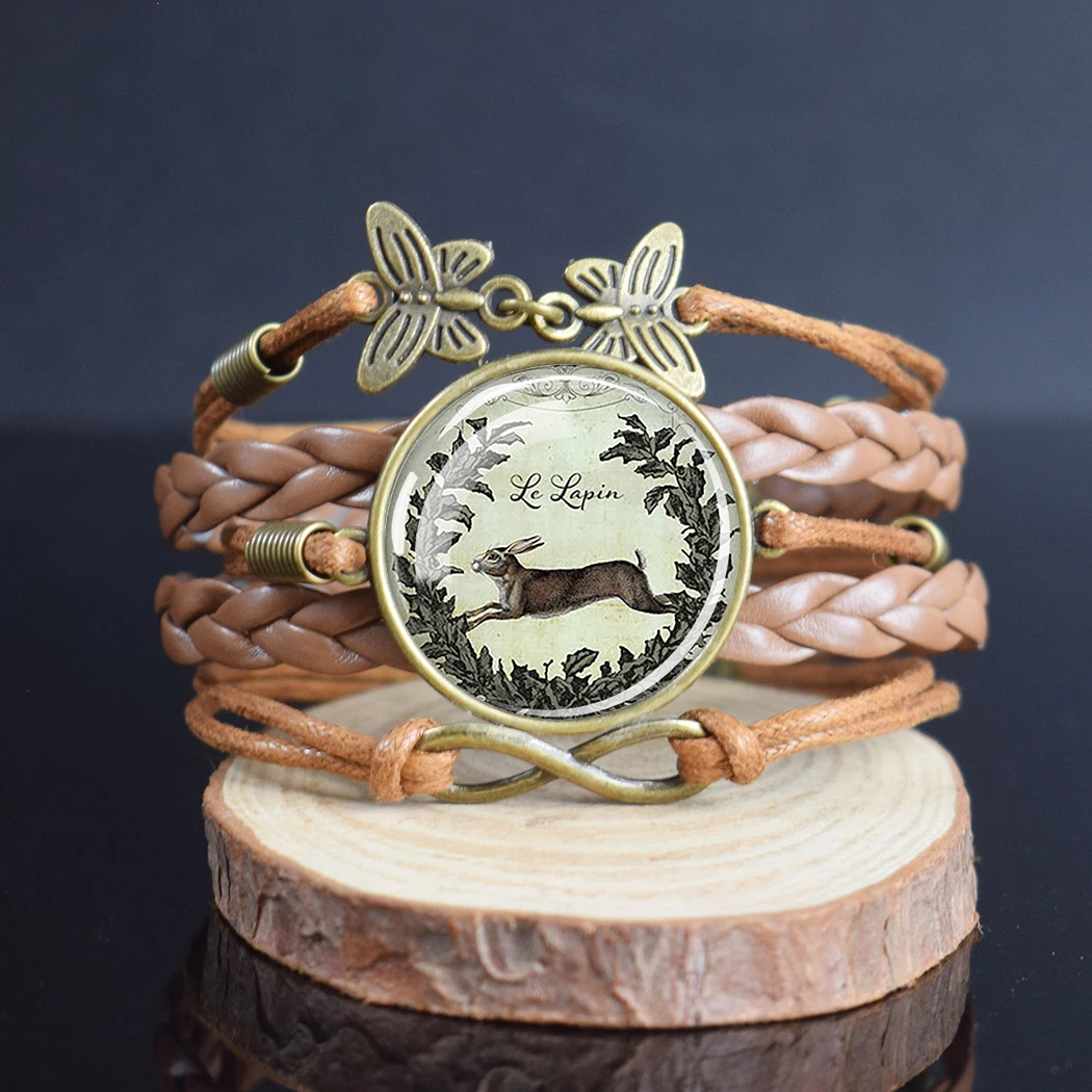 Vintage Rabbit Bracelet Natural Bunny Pattern Gem Bump Jewel Brown Leather Multi-layer Woven Bracelet for Women Men Jewelry Gift