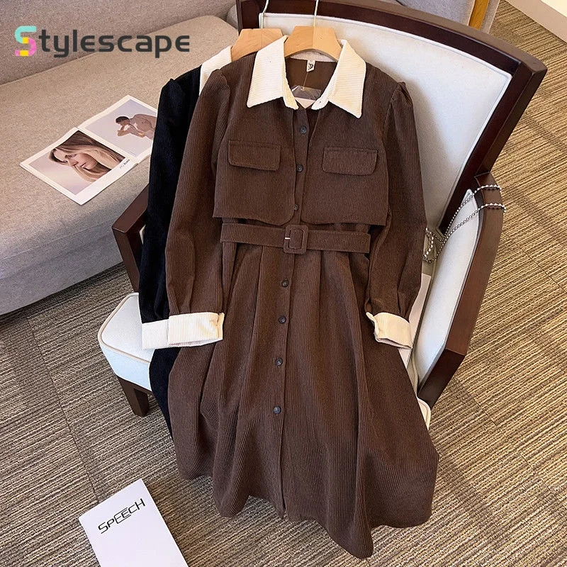 

Large Size Corduroy Fake Two-piece Contrasting Color Dress, 2024 Autumn New Hepburn Style Waistband Slimming Skirt