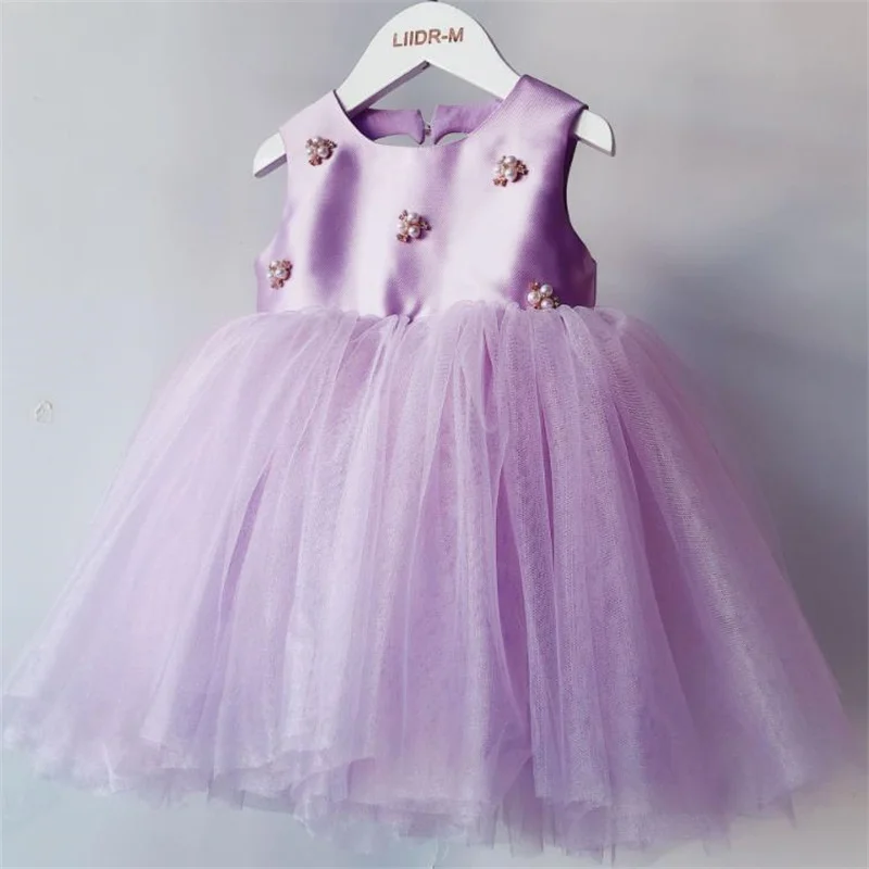 baby purple beaded puffy dress heart mesh stitching children's dress fashion casual