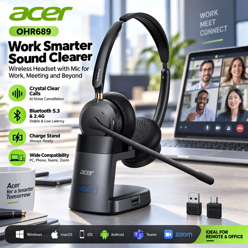 Acer Bluetooth 5.3 & 2.4G Headset for Clear Call ＆ Meeting Wireless Headset with Mic for Work and Remote & Office