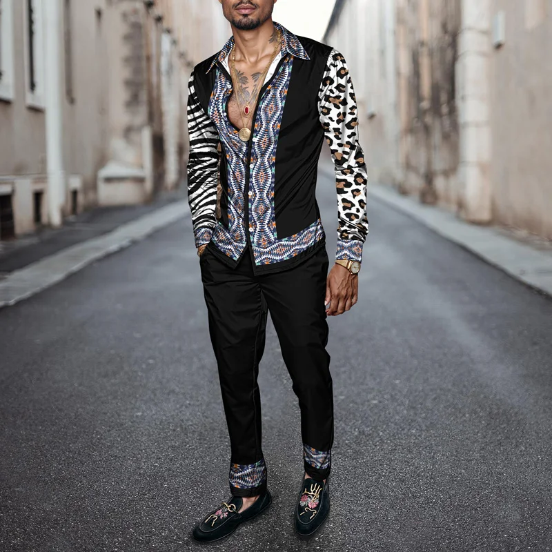 2026 Spring Summer Men Shirt Set Brand Print Fashion 2 Piece Set Mens Light Luxury Lightweight Party Long Sleeves Ropa Hombre