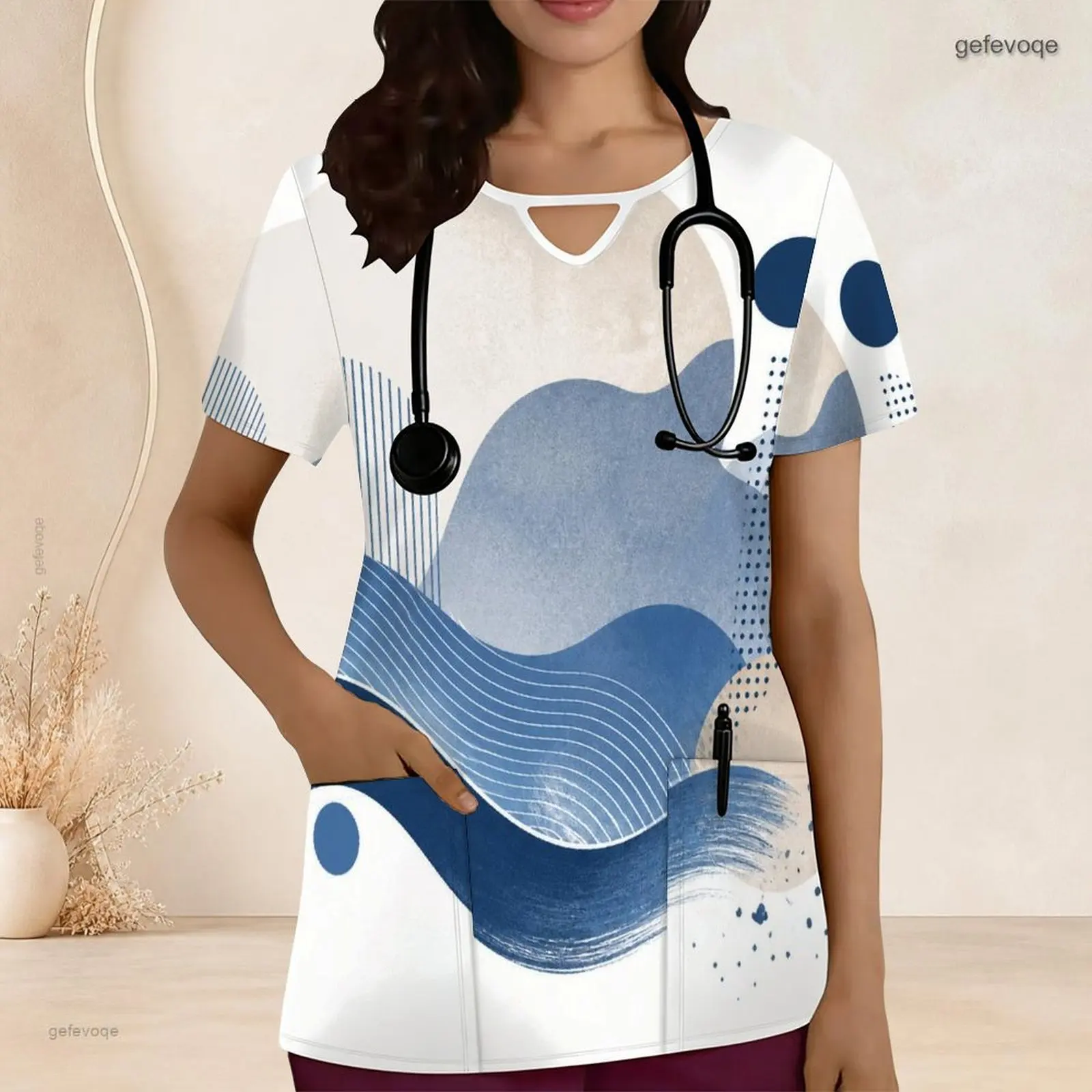 Keyhole Neck Short Sleeve Front Pockets Printed Scrub Top for Women