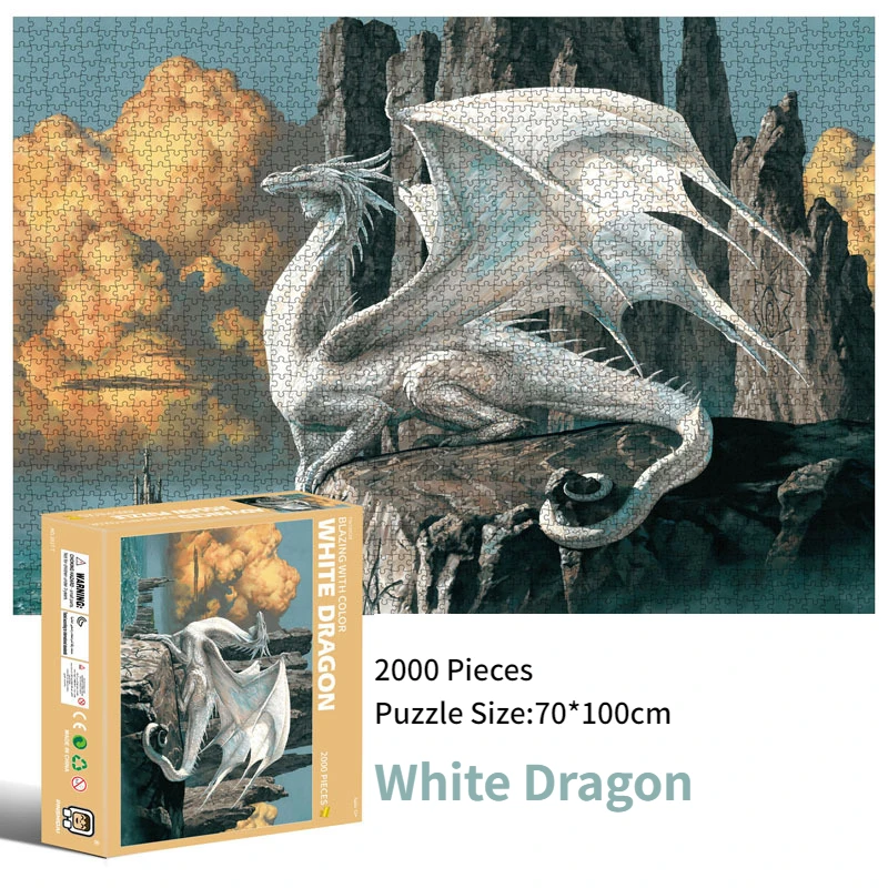 70*100cm 2000pcs Advanced Paper Jigsaw Puzzles White Dragon Animal Painting Stress Reducing Blazing with Color Christmas Gifts