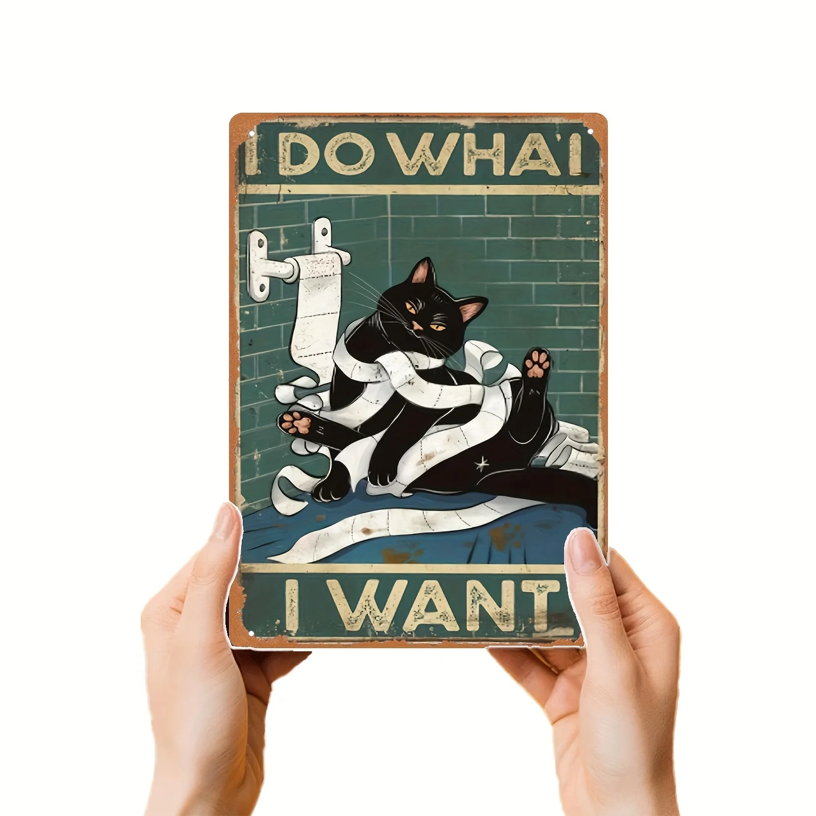 Décoration murale en métal 2D vintage, chat noir optimiste et amusant avec rouleau de papier toilette et citation « I Want I Want », 8x12 pouces, style ferme