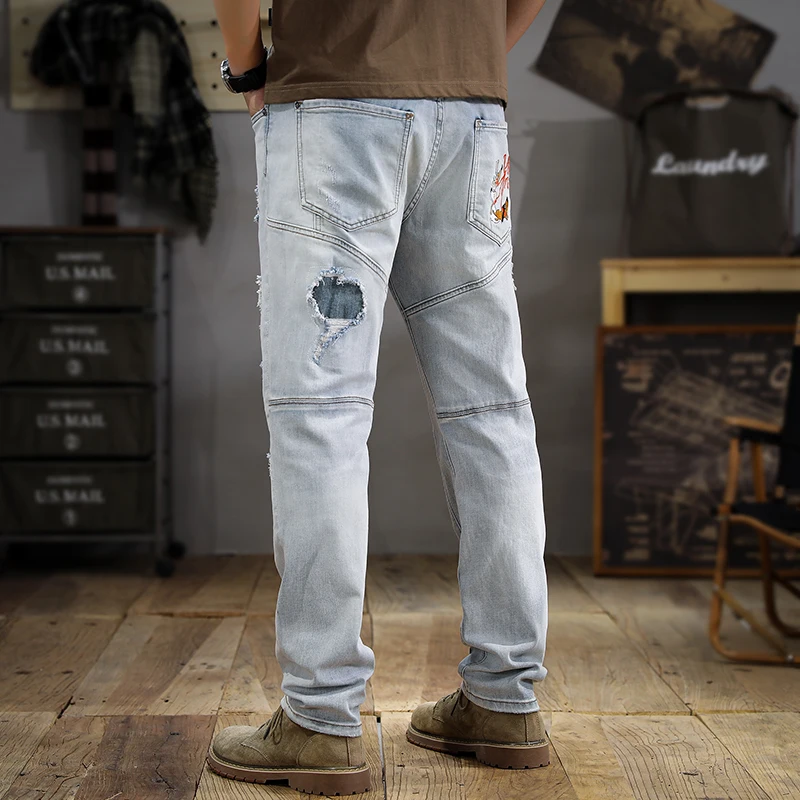 Summer Washed Wear-White Ripped Jeans Men's Slim Fit Straight Ankle-Tied Vintage Trendy Casual Street Motorcycle Trousers