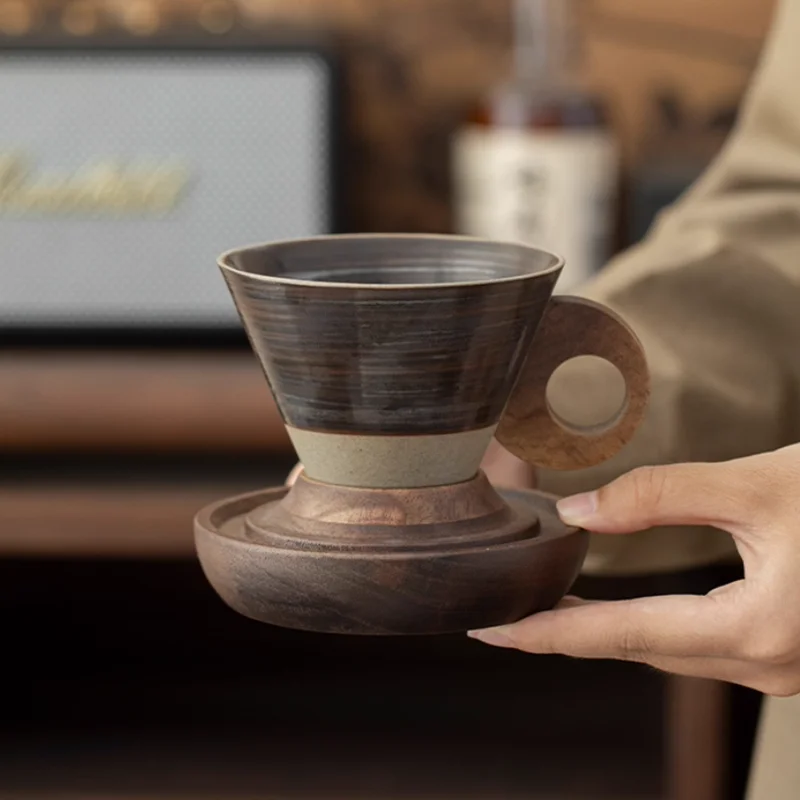 Wooden Handle Coarse Pottery Coffee Cup, Tea Set, Funnel-shaped Ceramic Cup, Triangular Conical American Latte Specific Mug