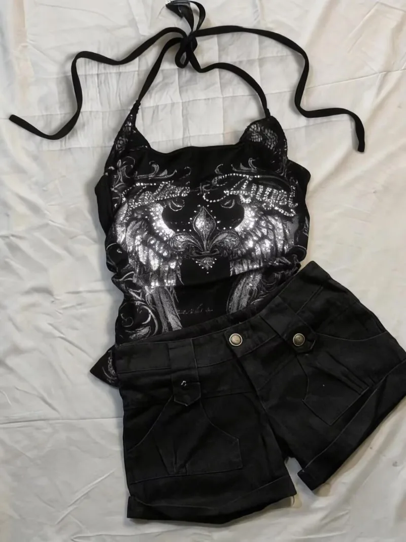 American Vintage Tanks Subculture Punk Hot Girl White Strapless Tank Top Halter Slim Street Racing Tops Summer New Women Clothes
