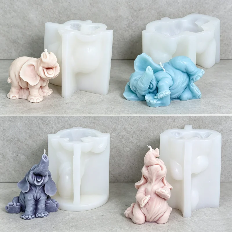 3D Elephant Silicone Candle Mold, Multi-Style Lying Trunk Up Wax Mould for DIY Soap & Resin Plaster Baby Shower Home Decor Gift