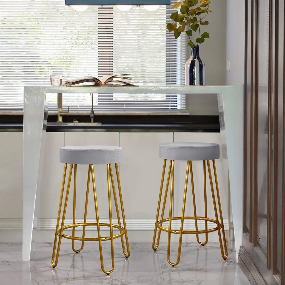 Bar Stools Set of 2, Velvet Round Counter Stools, Backless Counter Height Bar Chairs with Golden Legs for Kitchen Dining Room P