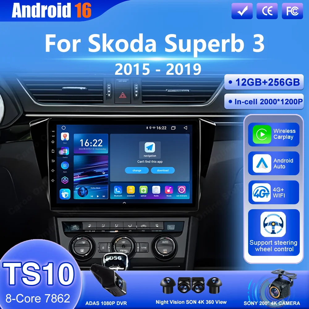 

Автомагнитола Android 16 для Skoda Superb 3 2015-2019, беспроводной CarPlay, мультимедийный плеер, 4G Wi-Fi, GPS-навигация, QLED