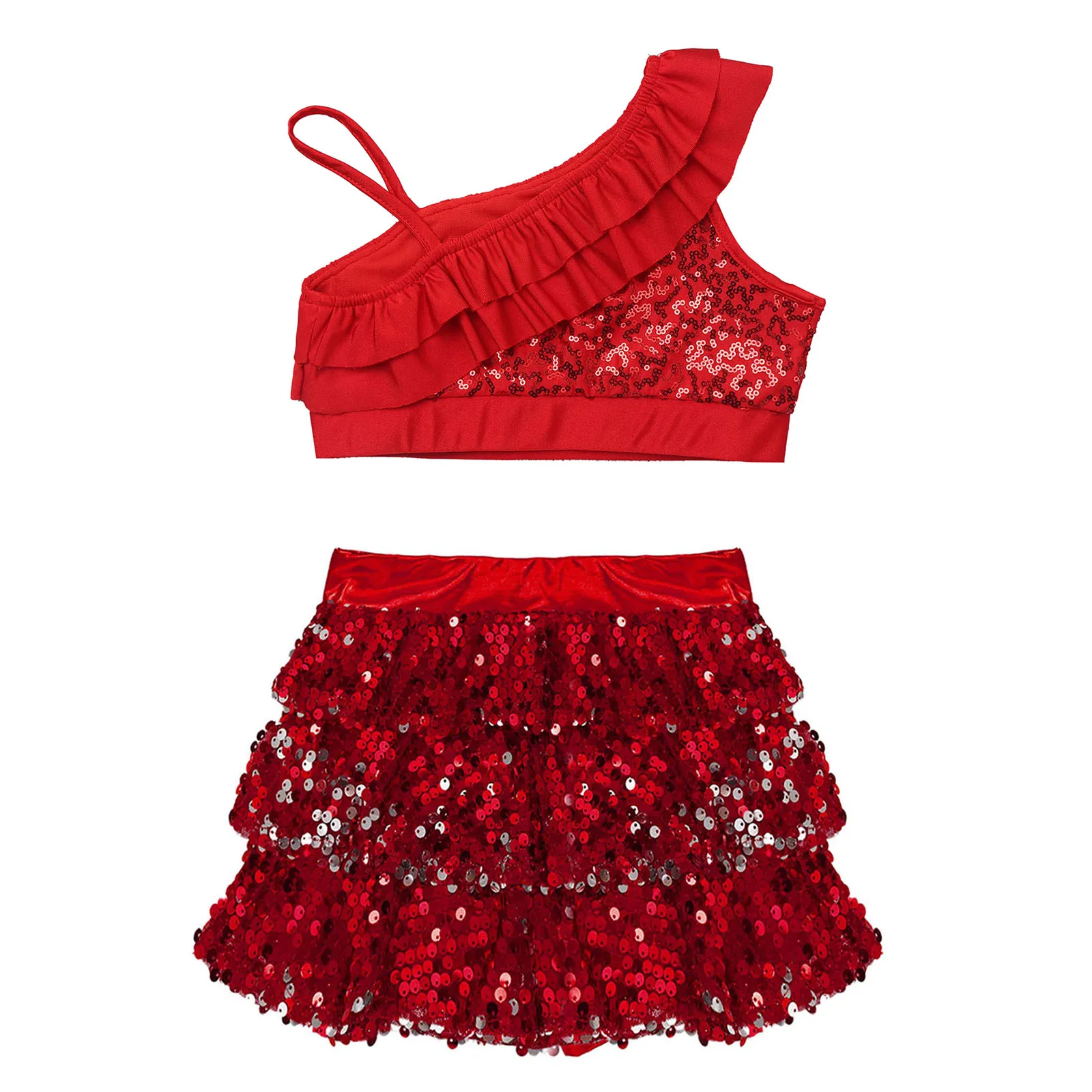 Kids Girls paillettes Hip Hop Jazz Dance Performance Outfit Top corto senza maniche con Culottes a più livelli per lo spettacolo della festa della scuola di carnevale