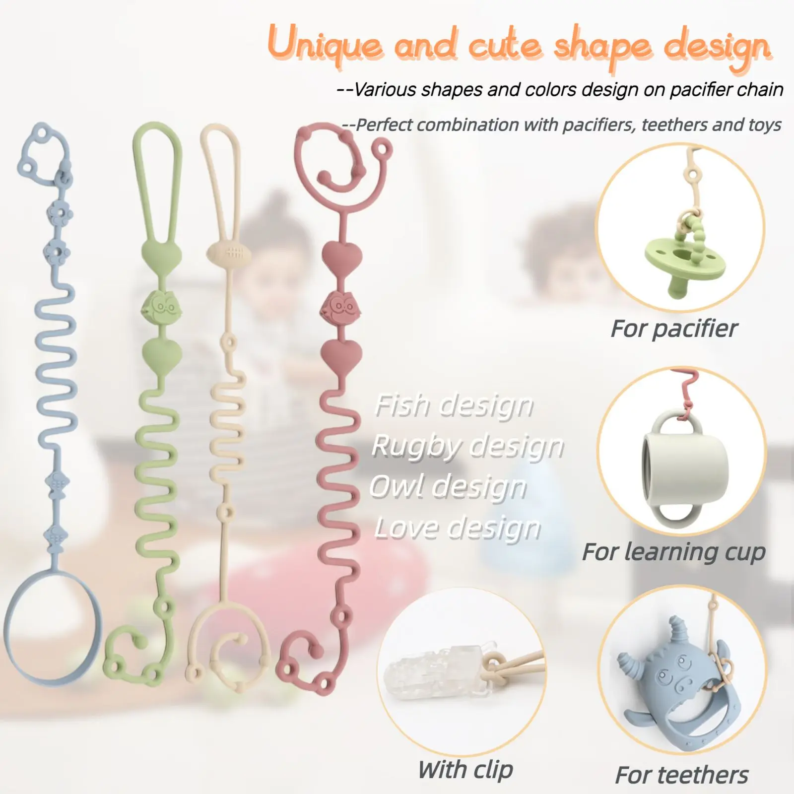 4-Piece Pack - Baby Toy Straps, Pacifier Chains, Silicone Bottle Ties, Stroller Accessories, Suitable for High Chairs and Cribs