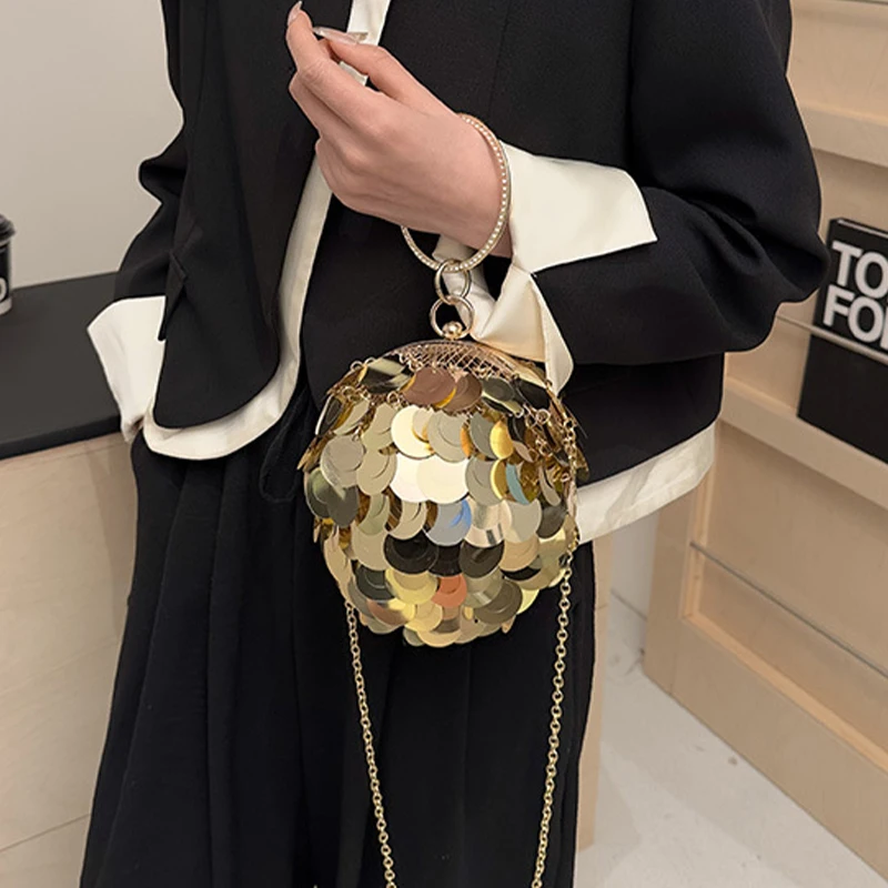 Metal Hollow Round Ball Clutch Handbags for Women Sequins Tassels Evening Purse with Circle Top Handle Wedding Shoulder Bags Box