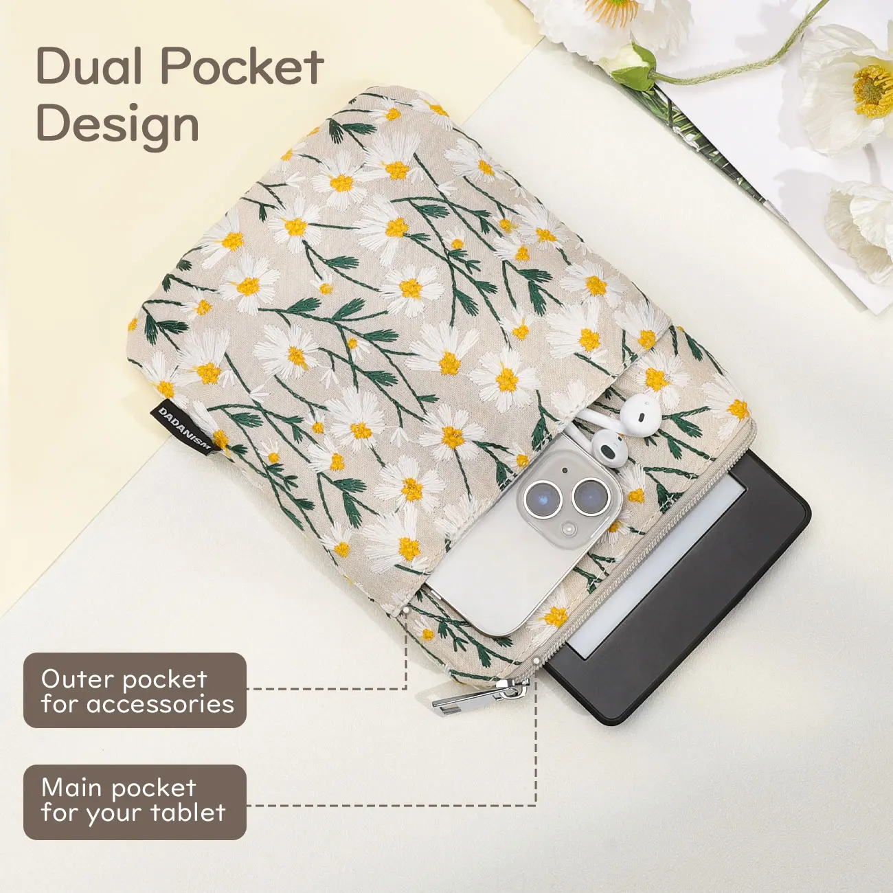Embroidered Daisy Padded Sleeve for 7" Kindle Paperwhite, Protective Sleeve Case for 6" Kindle/Kindle Oasis/Kobo E-Reader
