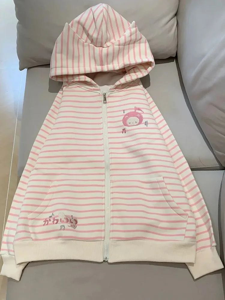 Sweet Striped Embroidery Hoodies Women Loose Cute Cat Ears Vintage Sweatshirt Casual Fall Long Sleeve Female Korean Design Tops