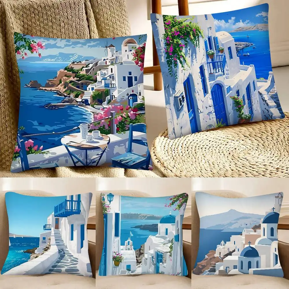 Blue Greek Santorini Pillow Case Fashion Square Pillowcase Bedroom Sofa Room Ins Decoration Leisure