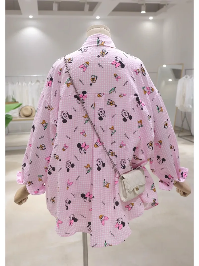 Breathable Age-Reducing Full Body Cartoon Blouse 2024 Summer Loose Mid-Length Plaid Long Sleeved Single-breasted Shirt For Women