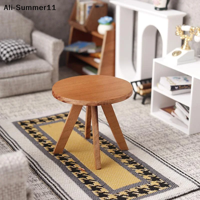 【S11】1/12 Dollhouse Mini Round Tea Coffee Table Model Dollhouse Wooden Furniture Decoration Dolls House Pretend Play Toys