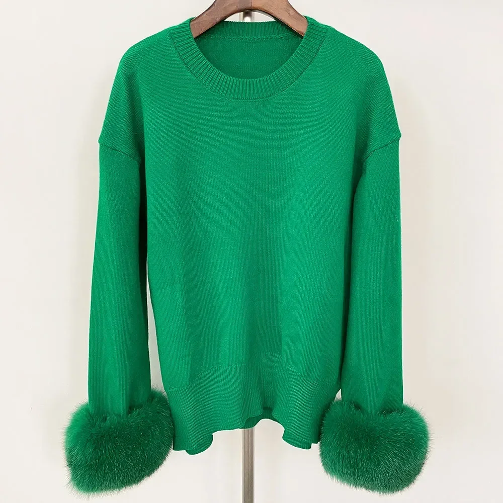 2024 Autumn Winter Knitted Sweaters with Detachable Natural Fox Fur Sleeves Women New Fashion Slim Fit Sweaters