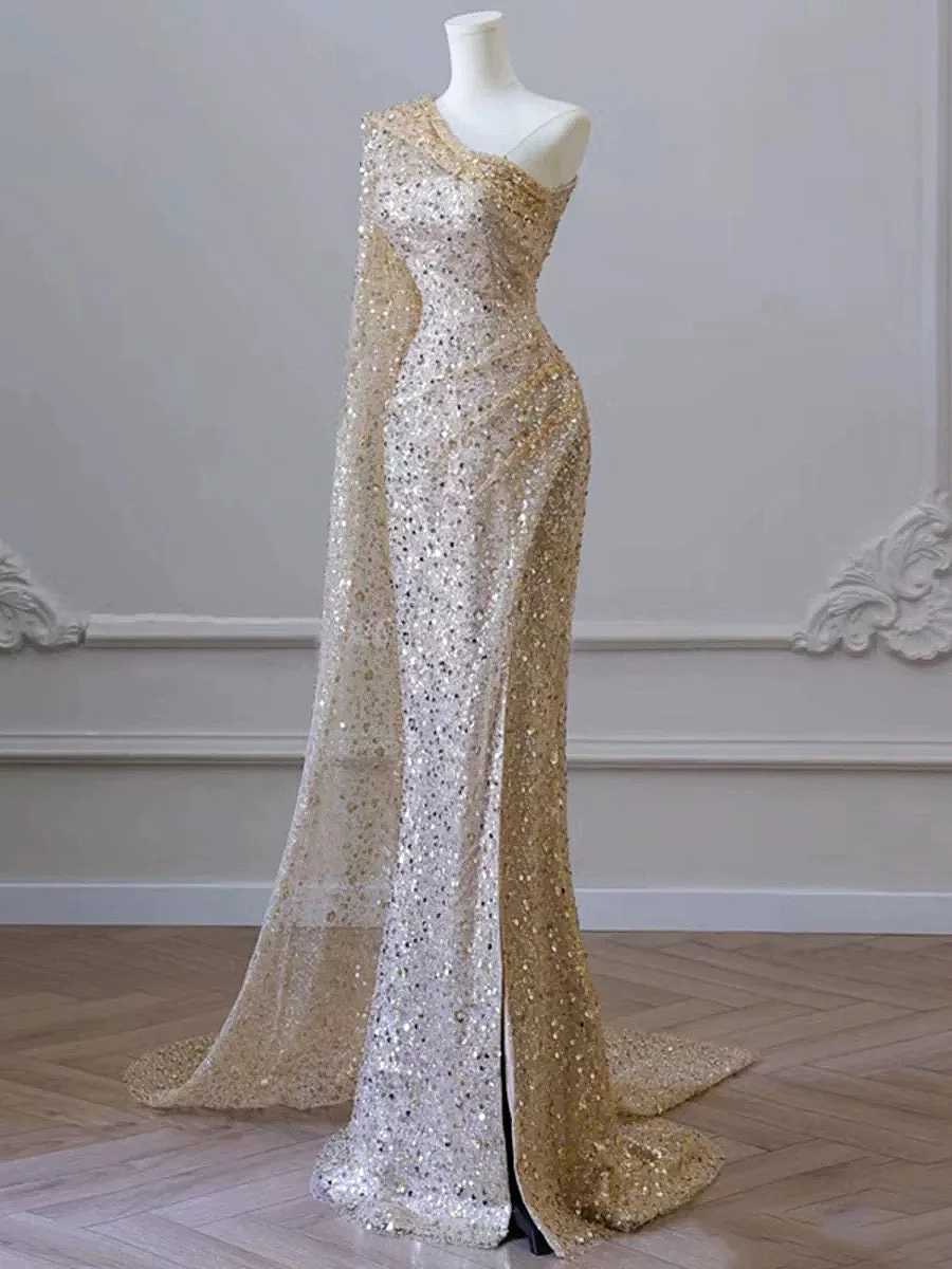 

Sexy Champagne Celebrity Dresses Boat Neck Sequin One Shoulder Sleeveless Floor Length Banquet Host Evening Cocktail Party Gown