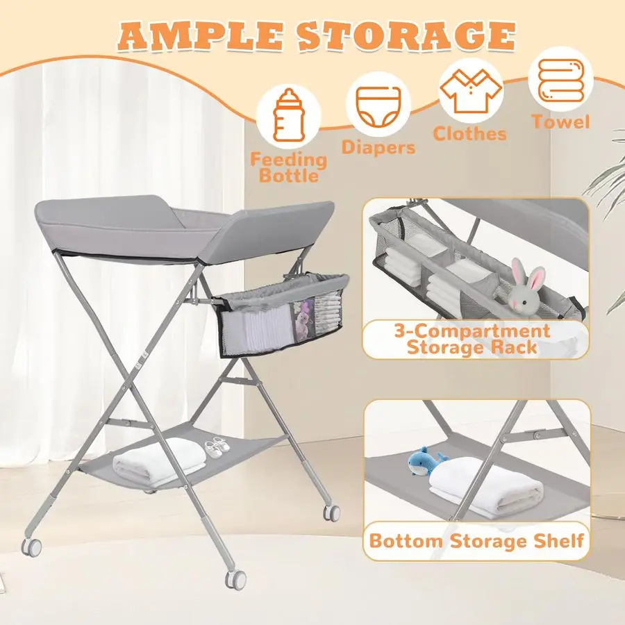 Changing Table for Baby, GIGYES Foldable Baby Changing Station with Wheels amp Adjustable Height, Large Storage Rack amp Shelf,