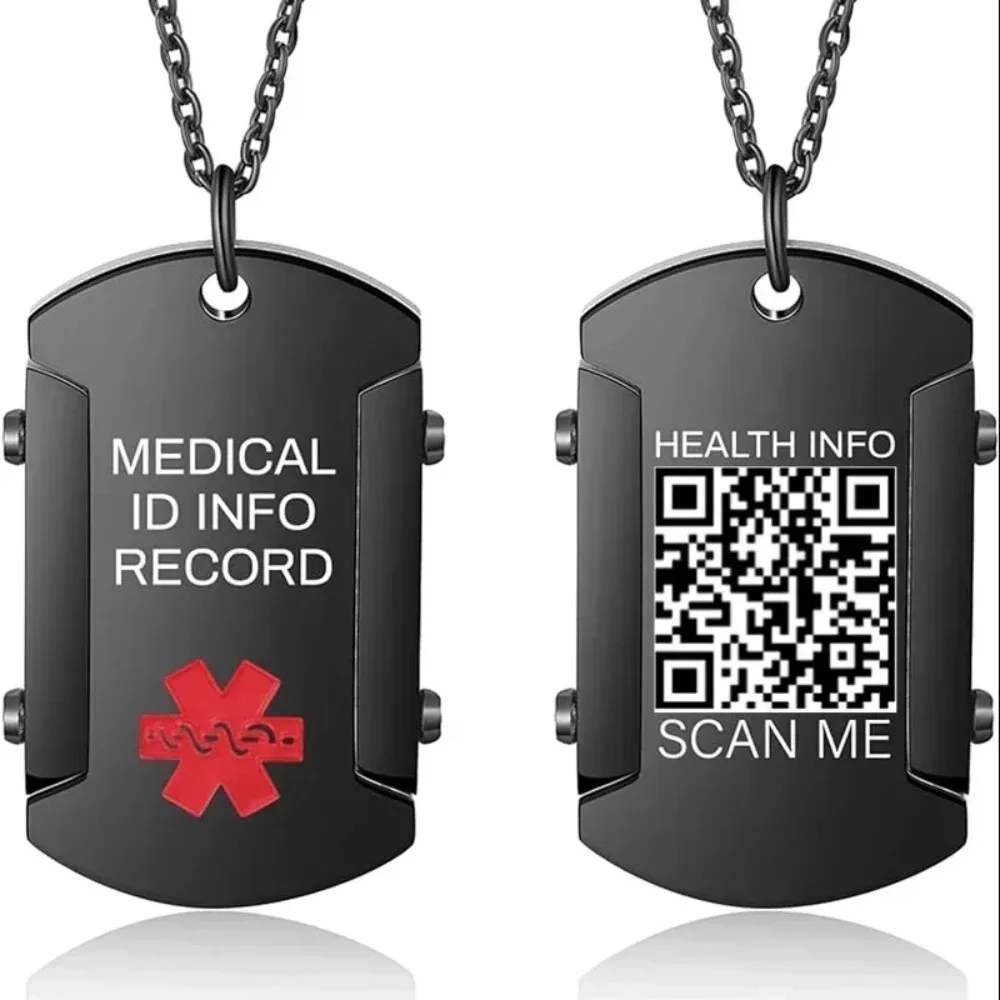 Stainless Steel Medical Warning ID NecklaceFashionMen's QR Code Emergency Rescue Pendant Father's Day Jewelry