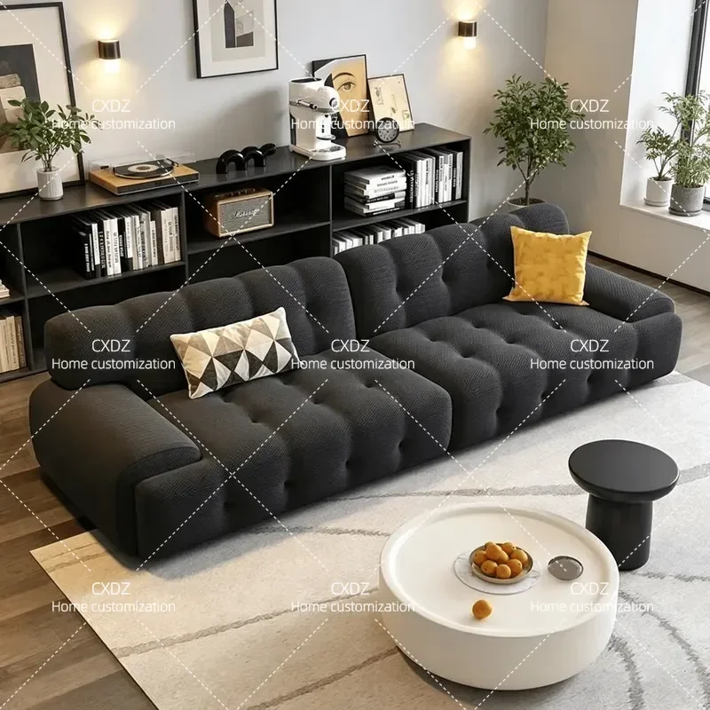 Cream Wind Black Puff Module Sofa Combination Living Room Large Flat Layer Fabric Button Set Black Puff Module