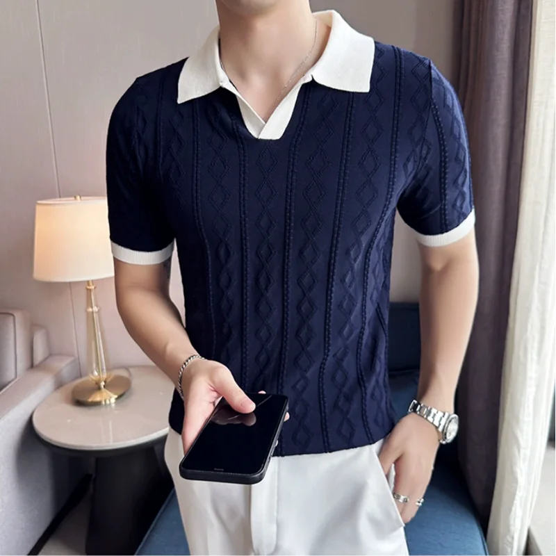 Summer Stripe Jacquard Short Sleeved Knitted Polo Shirt Men V-neck Contrast Color Slim Fit Casual Business Tee shirt Tops 3XL