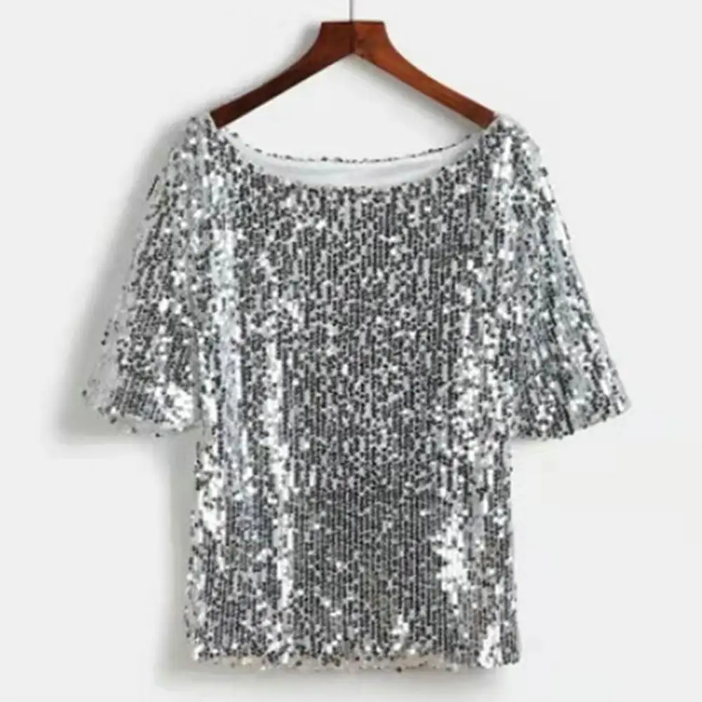 

Fashionable Evening Wear Top Classy Commuter Style Top Stylish Women's Sequin Top Sparkling Mid Sleeve Blouse for Stage