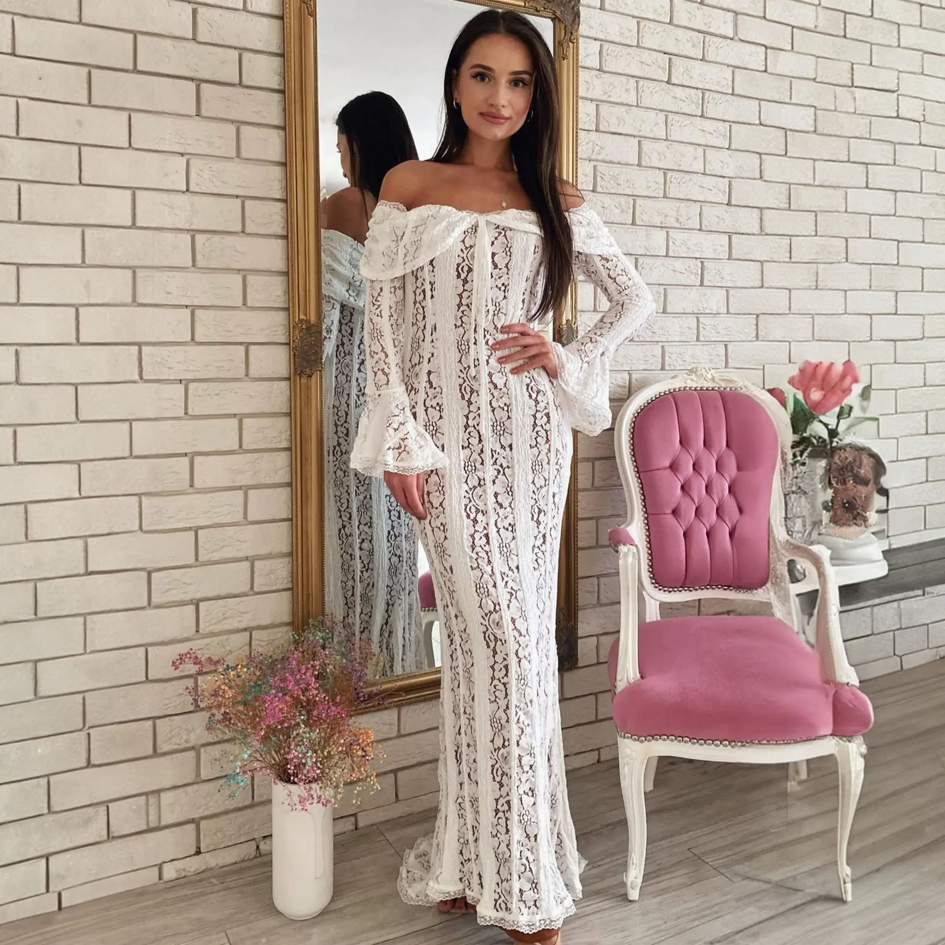 Spitzen-Tunika, schulterfrei, Damenkleidung, Badeausgänge, Sommerkleidung für Frauen, 2026, Badeanzug, Strand-Cape-Kleid, Weiß