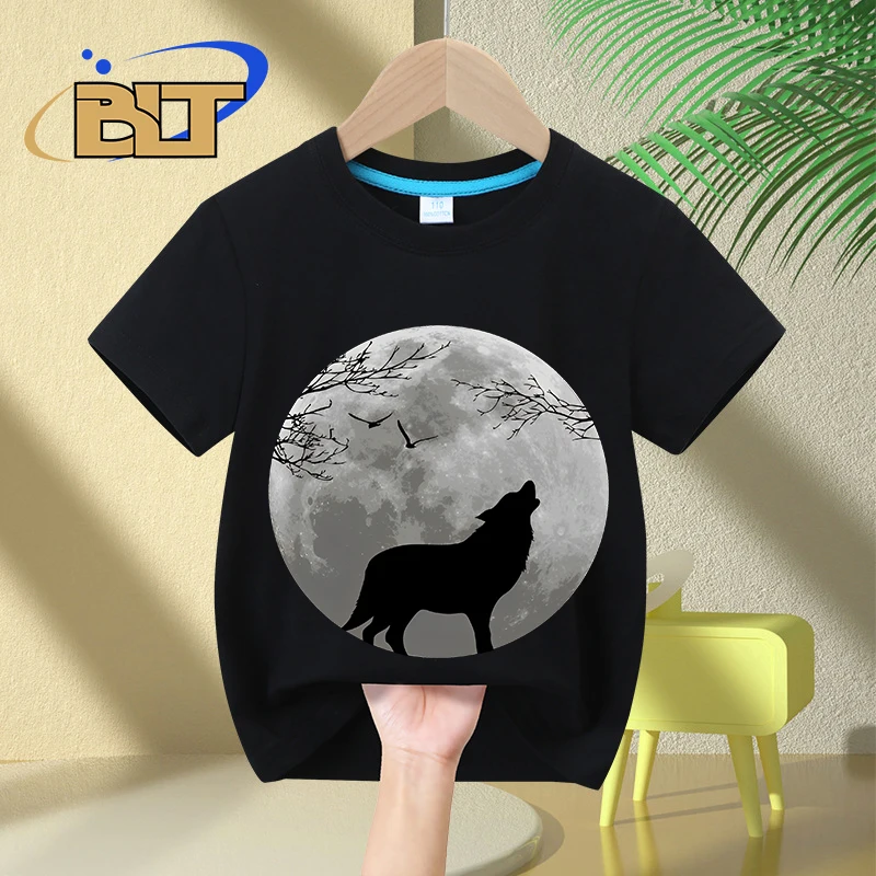 Howling Wolf printed kids T-shirt summer children's pure cotton short-sleeved casual tops boys and girls gifts