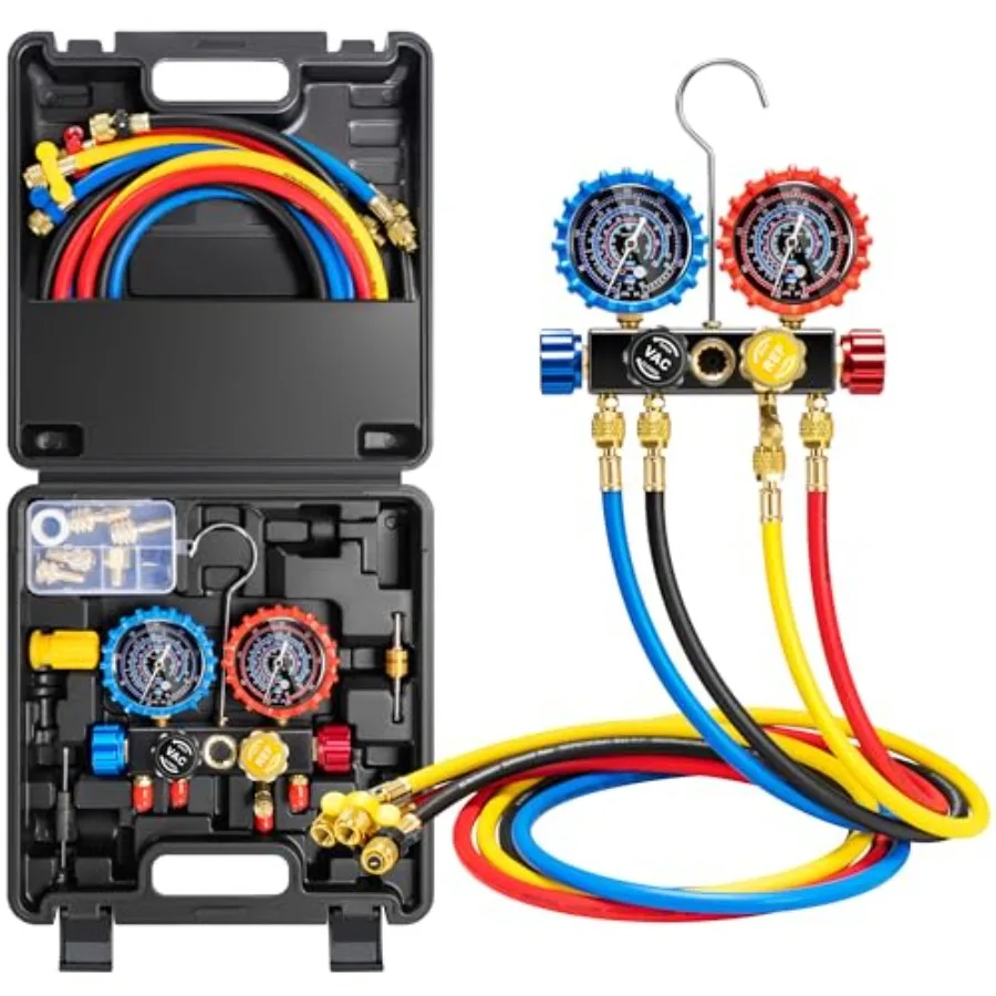 HVAC Manifold Gauge Set for R410a R454B R32 R22 Refrigerant 4 Valve Residential Household AC Gauges with 5ft Hoses for Freon Ch