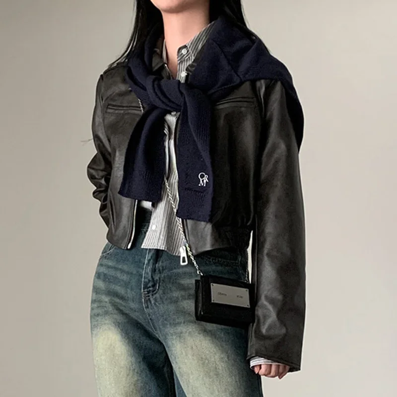 Giacca corta in pelle con cerniera tinta unita donna Crop Top cappotto in pelle americana 2023 Top Casual stile moto da strada ragazza piccante