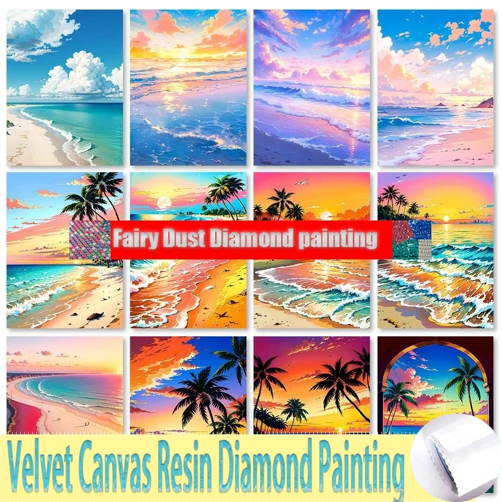 5D DIY Landscape Fairy Dust Resin Diamond Painting Beach Sunset Mosaic Embroidery Dream Sky Scene Cross Stitch Art Home Decor