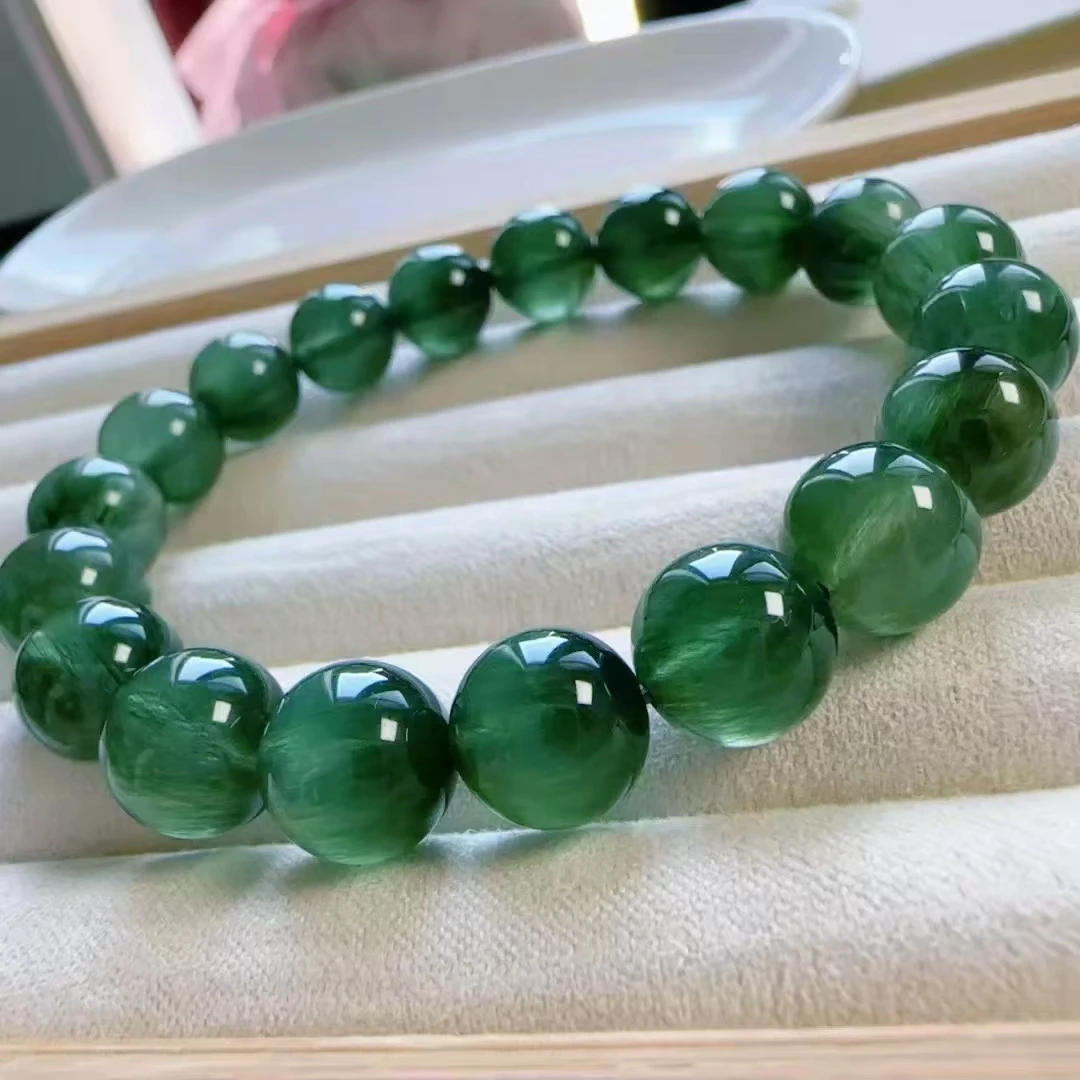 

Natural Green Rutilated Quartz Cat Eye Bracelet 10.2mm Women Men Brazil Stretch Crystal Round Bead Bracelet AAAAAA