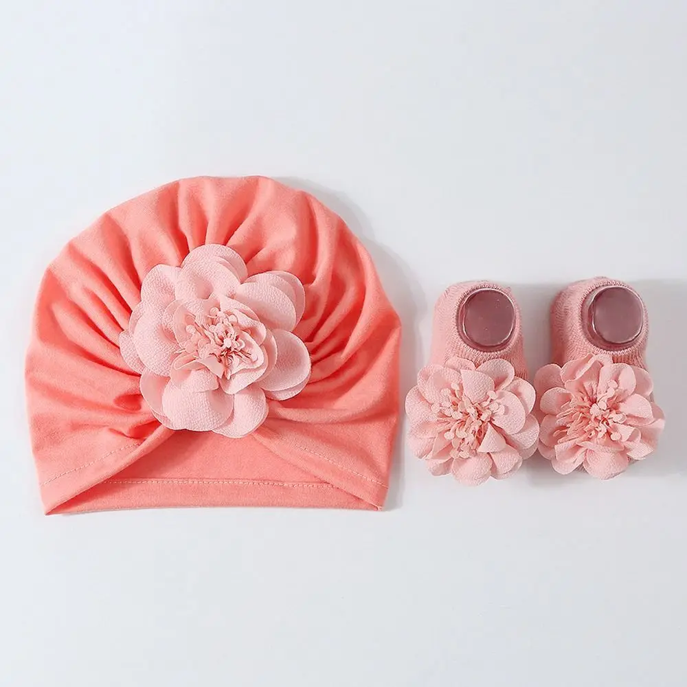 2 pezzi/set calzini per cappelli per bambini con fiori primaverili estivi set cappello turbante elastico sottile berretti per neonati in cotone traspirante per ragazze appena nate
