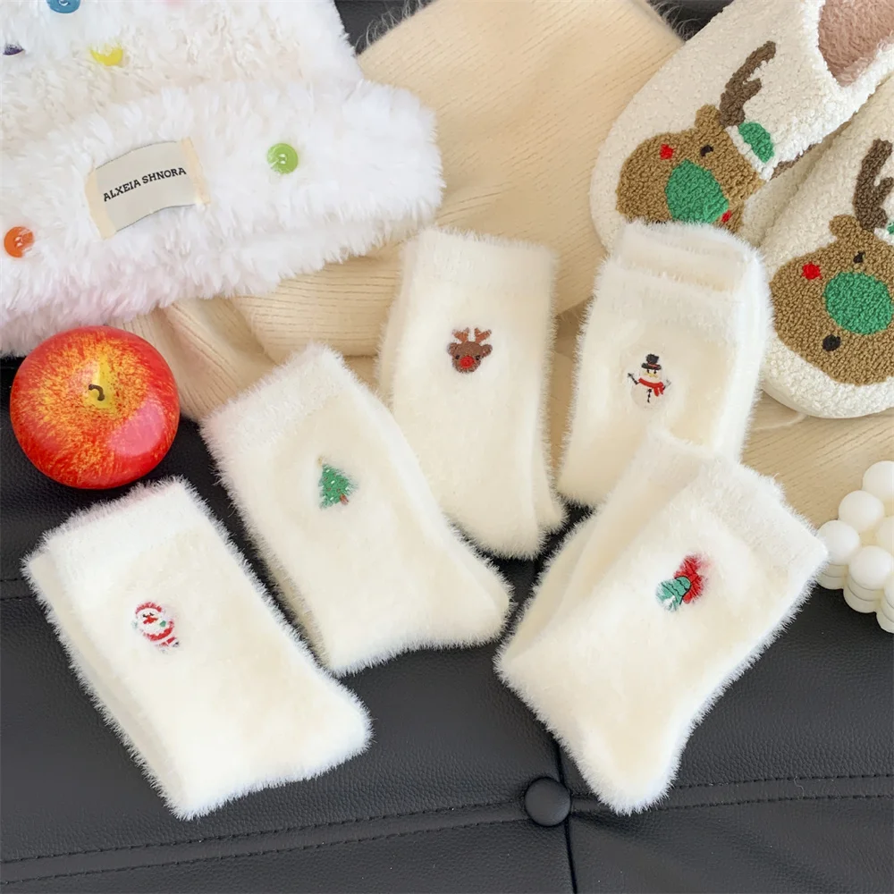 Autumn And Winter Socks, White Mink Fur Christmas Socks, Snowman Santa Claus Christmas Tree Elements, Thickened Warm Socks
