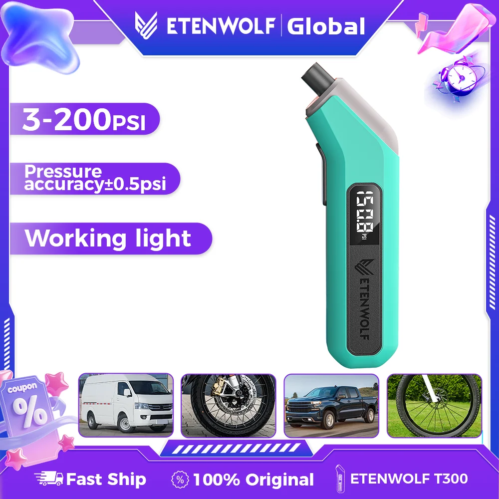 Medidor digital de pressão de pneus ETENWOLF T300 3-200 PSI calibrado para ANSI B40.7 grau 2A medidor de pneus industrial baterias 3A (novo)