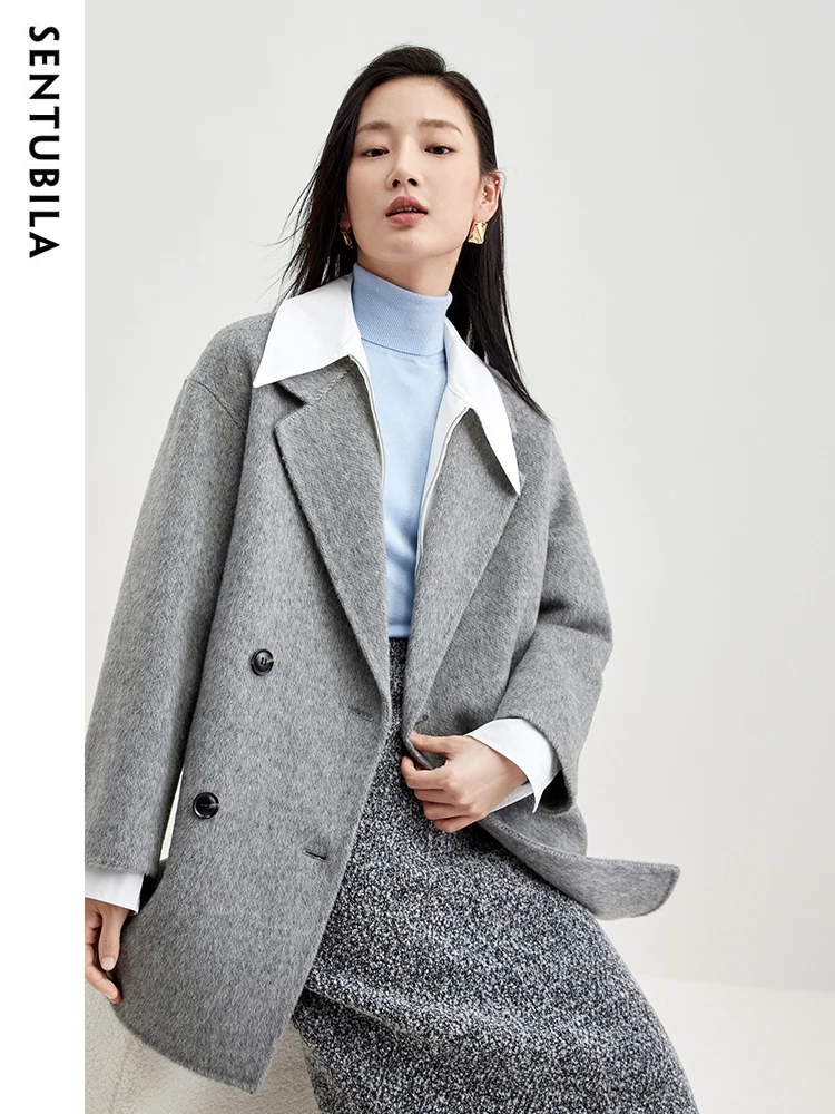 SENTUBILA Winter Double Sided Woolen Coat Women 2024 Mid Length Notched Collar Woolen Blazer Jacket Warm Overcoat W44O58452X