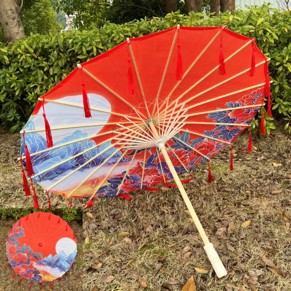 

56 см зонтик с веером в китайском античном стиле, шелковая ткань, косплей Hanfu, масляный бумажный зонт с кисточкой, 10 цветов, реквизит, танцевальный зонт
