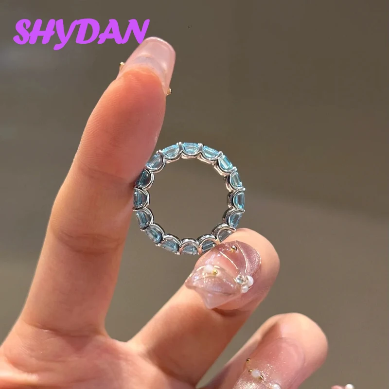 SHYDAN 925 Sterling Silver Aquamarine Finger Rings For Women Girls Fashion Charm Jewelry view 5