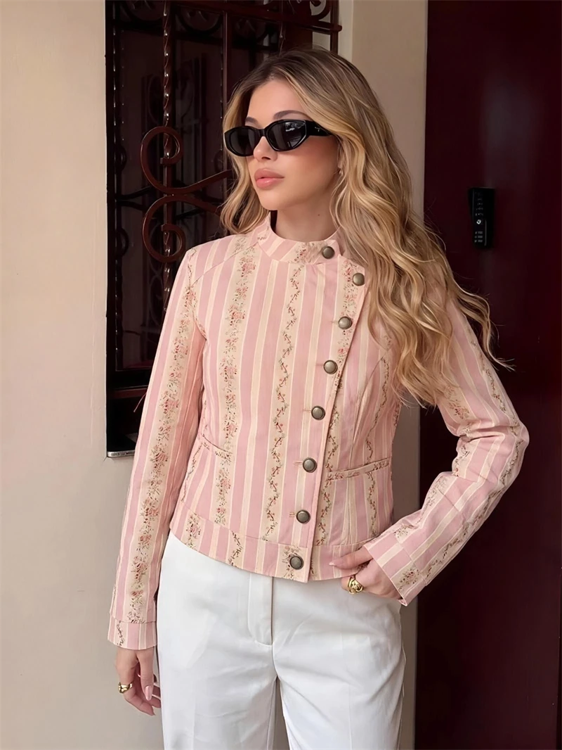 Guobioziy Women's Jacquard Striped Floral Jacket 2026 Spring and Autumn Collection Multicolor Button Design Western Casual Daily